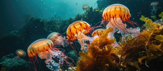 Fototapeta na wymiar Marine life includes the Upside Down Jellyfish (Cassiopea andromeda).