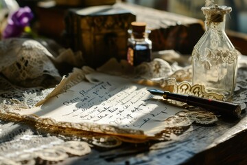 A lace-adorned table setting with a blank love letter and a vintage ink bottle, an inviting scene for romantic prose copy-space