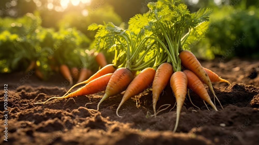 Wall mural closeup of fresh organic carrot vegetable growing in the garden soil with natural background - Wall murals