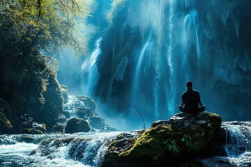 A person meditating by a cascading waterfall, the sound of rushing water a natural symphony, bringing inner peace and a sense of oneness with the environment. - obrazy, fototapety, plakaty