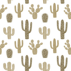 Cactus seamless pattern in boho style with different types of succulent plants, cacti, flowers, sun, heart background elements. Boho nursery decor.