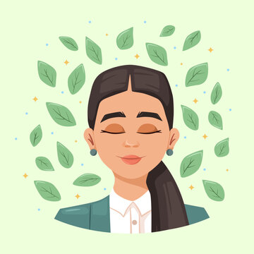 Mental health. Beautiful girl with closed eyes with leaves. Self love and mental health concept