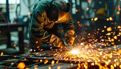Welder at work in an industrial setting with sparks flying - obrazy, fototapety, plakaty