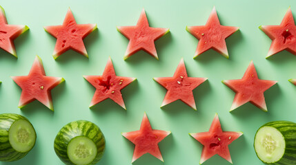 Star-Shaped Watermelon Pieces with Cucumber Slices on Green Background