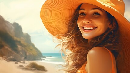 Portrait of a beautiful young woman in a yellow hat on the beach - obrazy, fototapety, plakaty