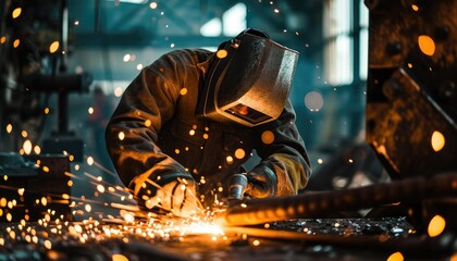 Welder at work in industrial setting with sparks flying