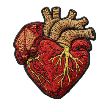 An embroidered patch of an anatomical heart, ideal for fashion accessories or Valentine's Day designs, isolated on a transparent background
