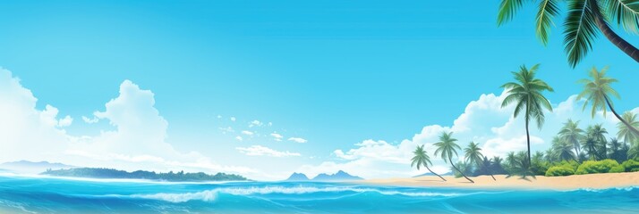 banner template featuring a tropical beach scene with clear blue skies and palm trees 