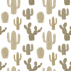 Cactus seamless pattern in boho style with different types of succulent plants, cacti, flowers, sun, heart background elements. Boho nursery decor.