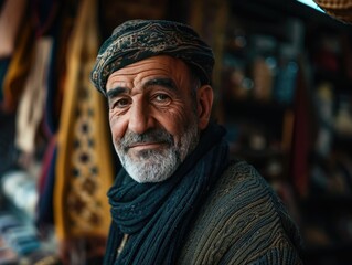 Fototapeta na wymiar Portrait of a smiling elderly man with a beard in a traditional setting