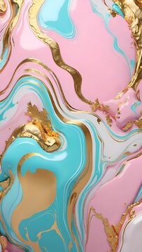 The image shows an abstract design with swirling patterns of pink, blue, and gold, accented with what appear to be pearls and flecks of gold leaf, creating a luxurious and dynamic visual texture.