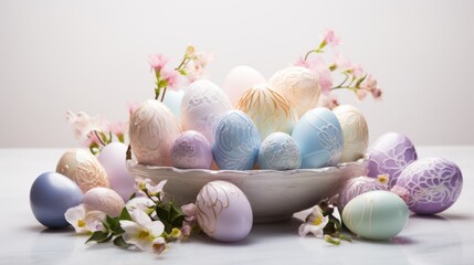  a bowl full of decorated eggs sitting on top of a table next to a bunch of pink and white flowers.