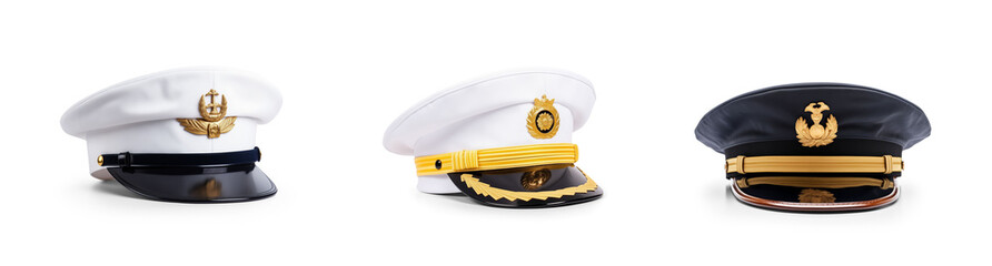 set collection of stylish navy ship military captain or high rank army general and police officer security guard hat in different colors, isolated on white png transparent background - obrazy, fototapety, plakaty