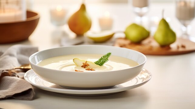  a bowl of soup on a plate with pears and a napkin on a table next to a glass of wine.