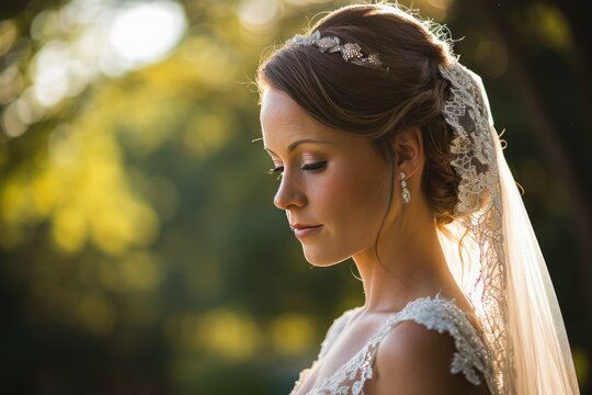Elegant bride in a wedding dress and veil with sunset backlight