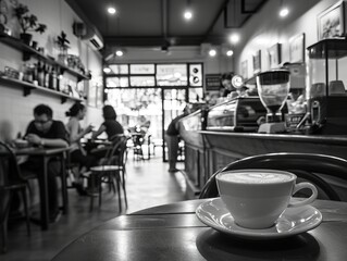 Monochrome Mornings: Coffee Cup and Café Patrons