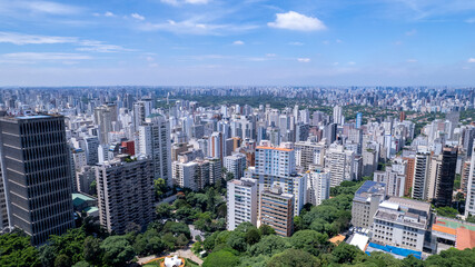 Aerial view of Avenida Paulista in Sao Paulo, Brazil. Very famous avenue in the city. High-rise commercial buildings and many residential buildings