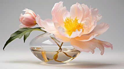  a pink flower in a glass vase with a gold ring on the bottom and a green leaf sticking out of it.
