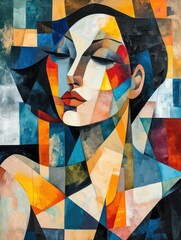 Abstract painting of a woman in a modern, vibrant color, geometric art, contemporary, and cubism style, ideal for wall art, printing design, and artistic poster