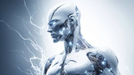 High-tech robot with blue energy in the form of lightning, AI