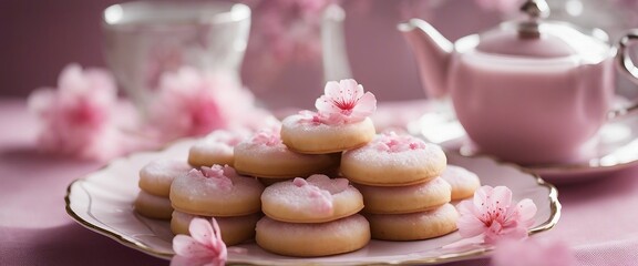 Obraz na płótnie Canvas Cherry Blossom Sweets_ Delicate pink cherry blossom shaped cookies, dusted with powdered sugar