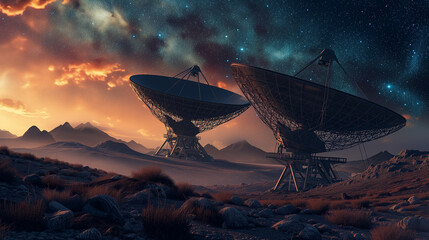 High-tech radio telescope array with dual satellite dishes, capturing brilliance of celestial bodies