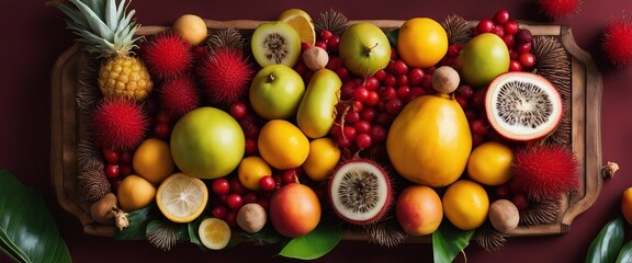 Exotic Fruit Platter A lavish platter of exotic fruits, including rambutan, lychee, starfruit