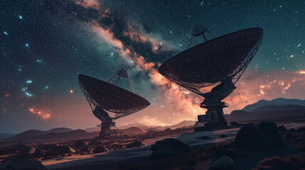 Twin radio telescopes connecting with starry canvas at state-of-the-art observatory