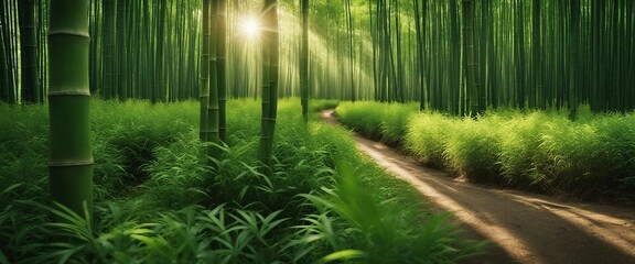 Oriental Bamboo Forest Path A path winding through a dense bamboo forest in China, with sunlight