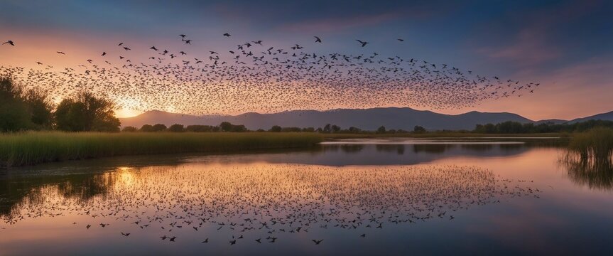 Migratory Bird Flight PathA panoramic image showing the time-lapse effect of migratory