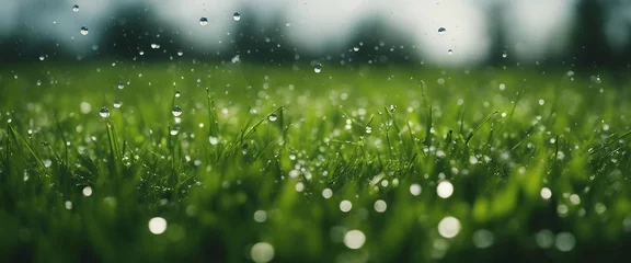 Schilderijen op glas Spring Rain in the Meadow Droplets of a gentle spring shower captured as they fall onto a meadow © vanAmsen