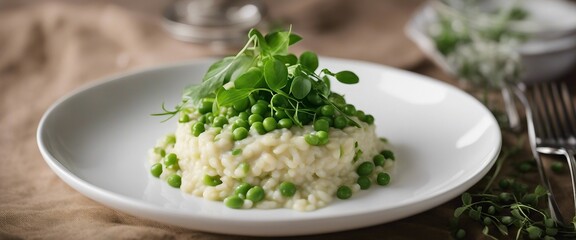 Spring Pea Risotto Creamy risotto with Parmesan, adorned with fresh spring peas and microgreens
