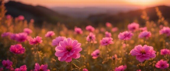 Fototapeta na wymiar Sunset Florals Panoramic image of vivid pink flowers basking in the warm, golden light of a setting