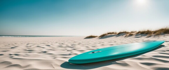 Surfboard Against White Sand_ A single bright turquoise surfboard stands upright against the white