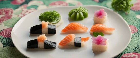 Sushi Artistry An artistic arrangement of sushi on a minimalist plate, each piece a work of art