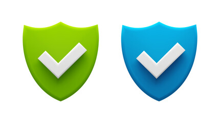 Green and Blue Security Shields with Check Marks Representing Protection and Approval. Vector stock illustration. - obrazy, fototapety, plakaty