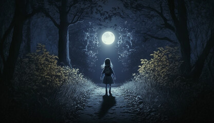 Little girl walking alone in forest