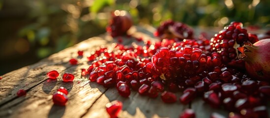 Juicy pomegranate seeds spread on the table. - obrazy, fototapety, plakaty