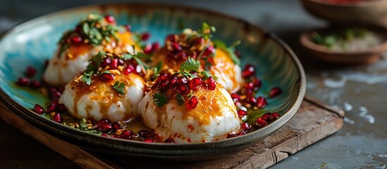 Dahi Bhalla or Dahi Vada, Indian street food with tamarind sauce and pomegranate seeds.