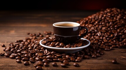 Vintage table with espresso coffee cup and aromatic coffee beans for a delightful experience