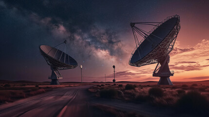 Two radio telescopes and satellite dishes on Earth, embarking on journey at observatory