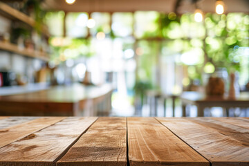 Empty Beautiful wood table top and blur bokeh modern kitchen interior background in clean and bright.