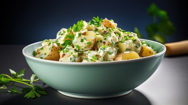  a blue bowl filled with potato salad next to a green leafy garnish on top of a table.