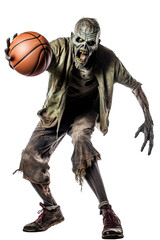 Fototapeta na wymiar Zombie playing basketball. Full body shot over isolated transparent background