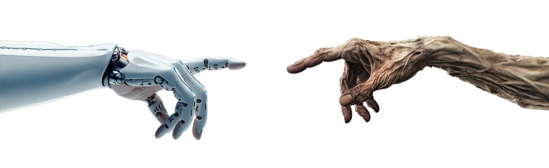 Zombie hand trying to reach robotic hand over white transparent background