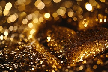 A shimmering gold sequin background with a heart outline, a glamorous and sparkling space for dazzling love compliments copy-space - obrazy, fototapety, plakaty