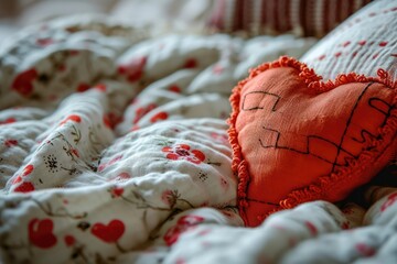 A soft pillow with a stitched heart, resting on a cozy bedspread, an intimate Valentine's background with copy-space for comforting love words. - obrazy, fototapety, plakaty