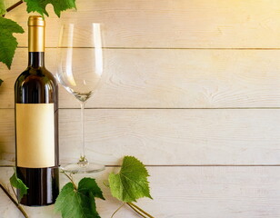 Vine bottle mockup, glass of wine on wooden background, template