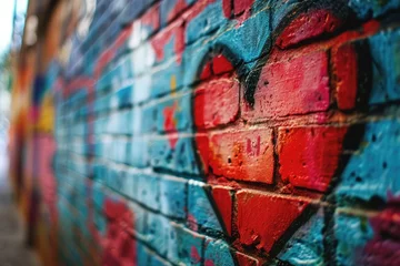 Foto op Aluminium A vibrant heart graffiti on a brick alleyway, an urban and edgy backdrop for modern love declarations copy-space © Lucija