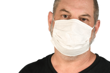 Portrait of a man, in a medical mask using alcohol gel. A concept of the danger of COVID-19 coronavirus for the elderly. on white background with space for text